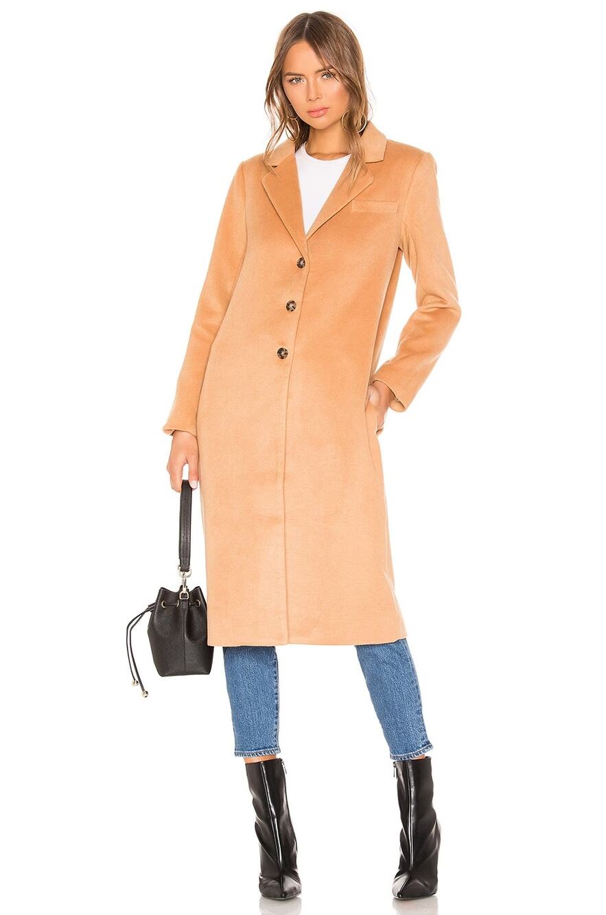 Revolve L'Academie Tyler Long Knee Length Camel Coat Large, Leopard Patch